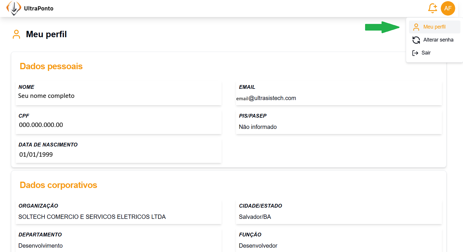 Menu de acesso ao perfil do usuário
