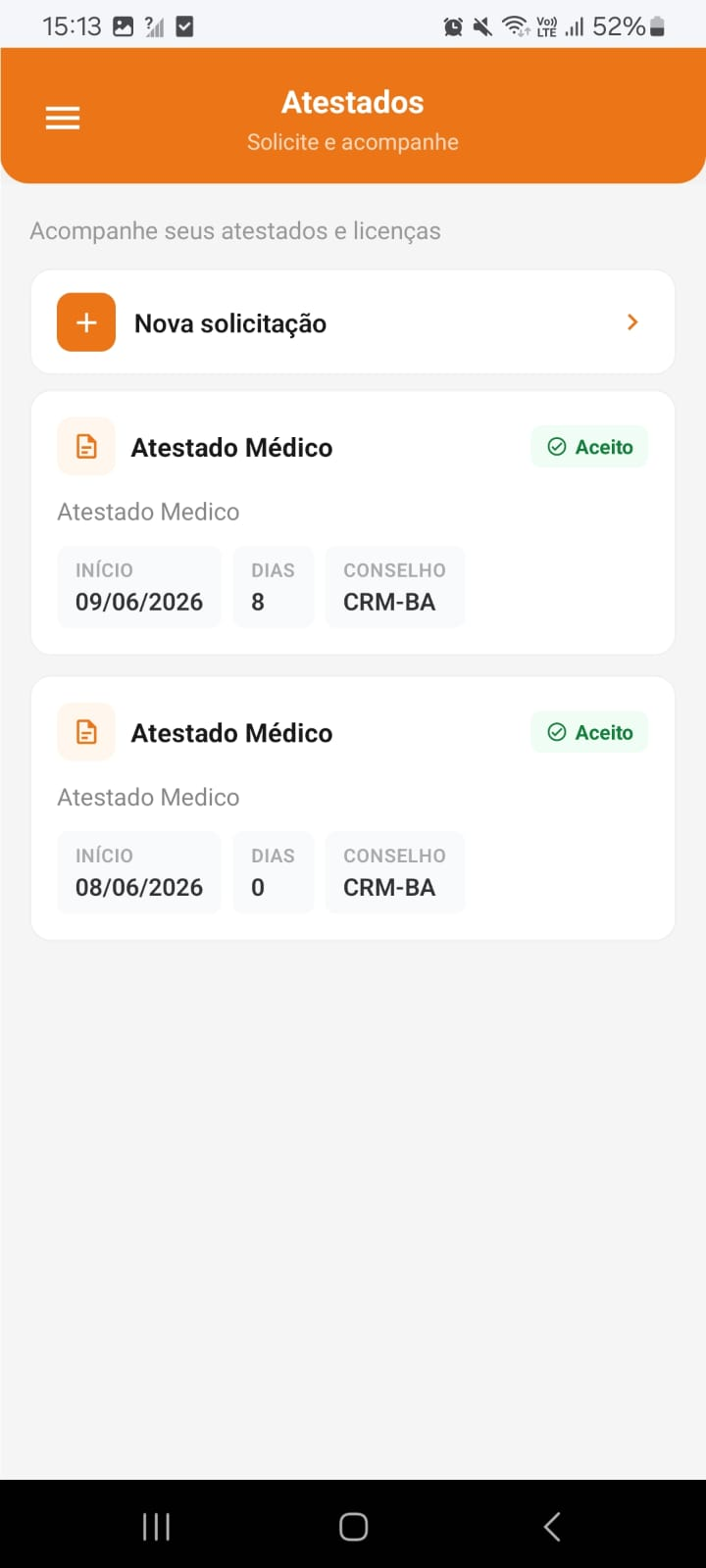 Tela de Atestados com a lista de solicitações