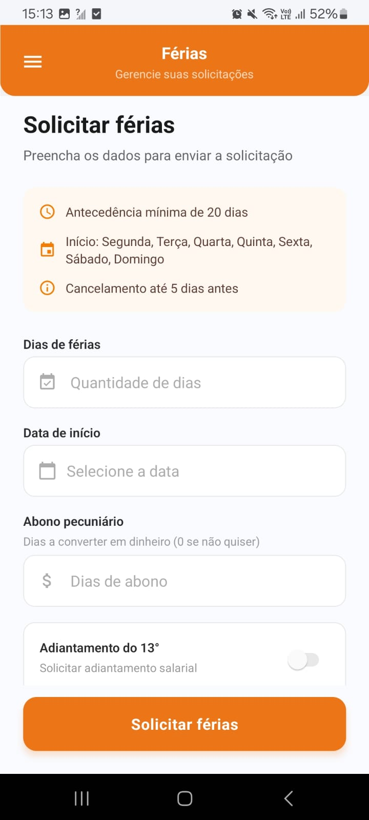 Formulário de solicitação de férias preenchido, no app