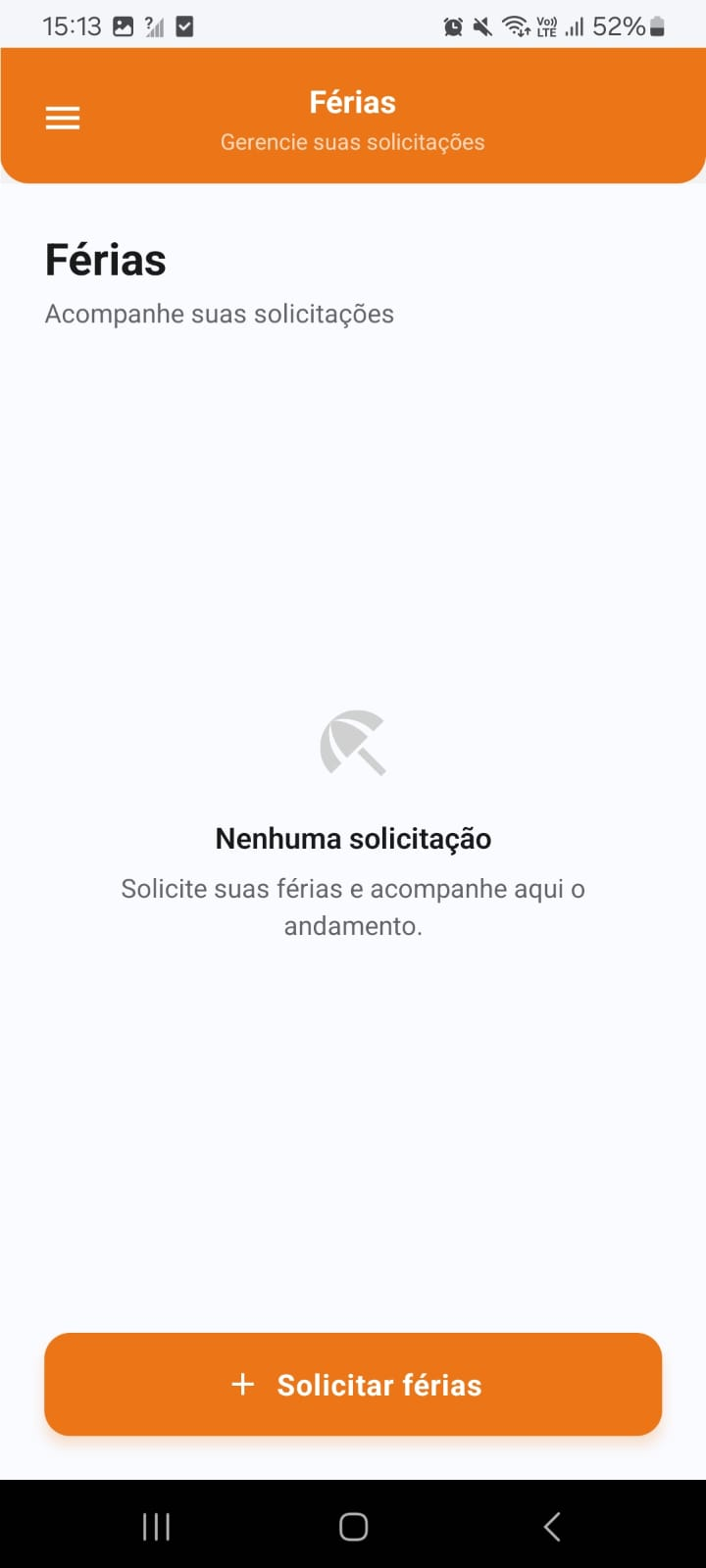 Tela inicial de solicitação de férias no app