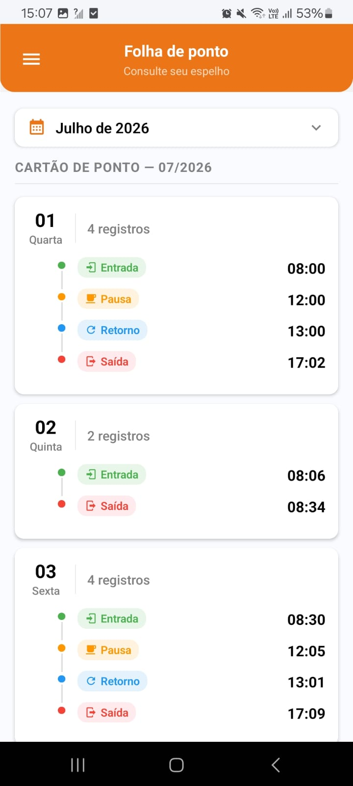 Folha de ponto do mês com os dias e os registros de entrada, pausa, retorno e saída