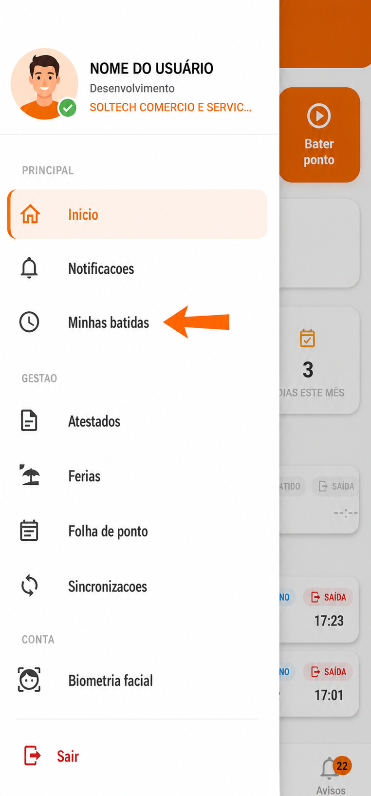 Menu do aplicativo com a opção Minhas batidas