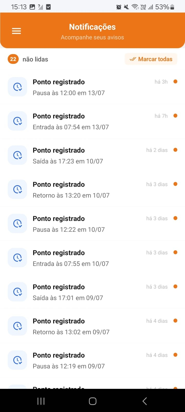 Tela de notificações com contador de não lidas e lista de avisos