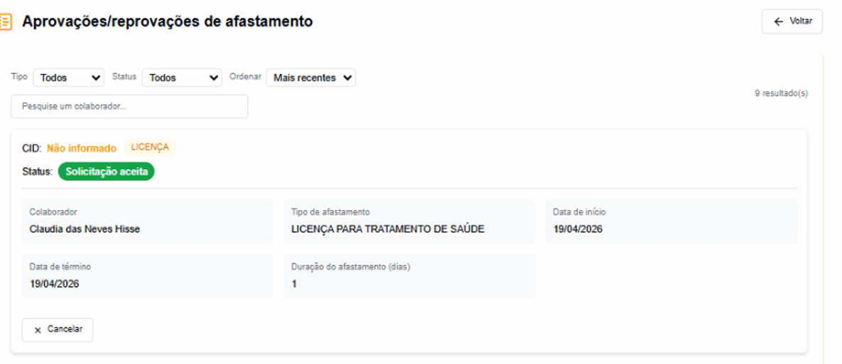 Menu Autorizações com solicitações a aprovar ou reprovar