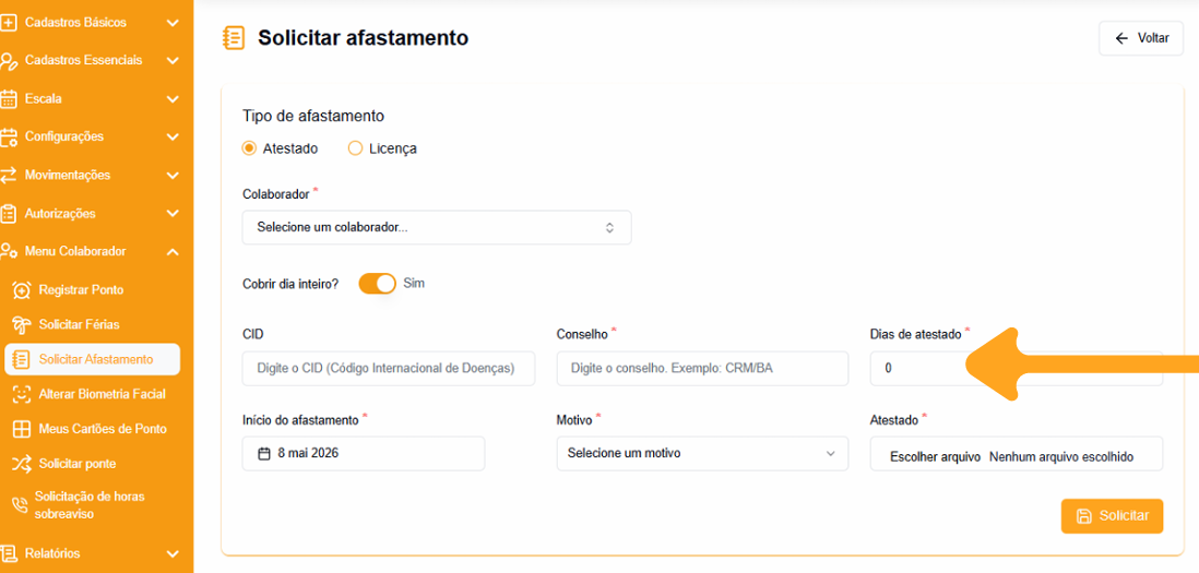 Campos de CID, conselho profissional e quantidade de dias