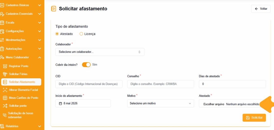 Data de início, motivo e anexo do afastamento