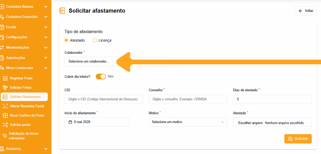 Menu Colaborador com a opção de abono de horas