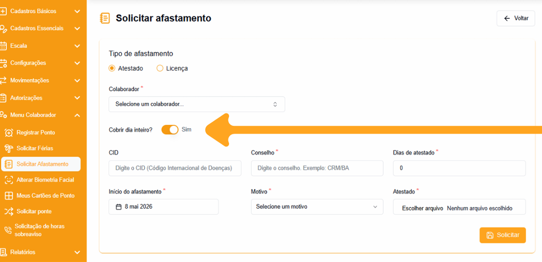 Escolha entre dia inteiro ou período específico