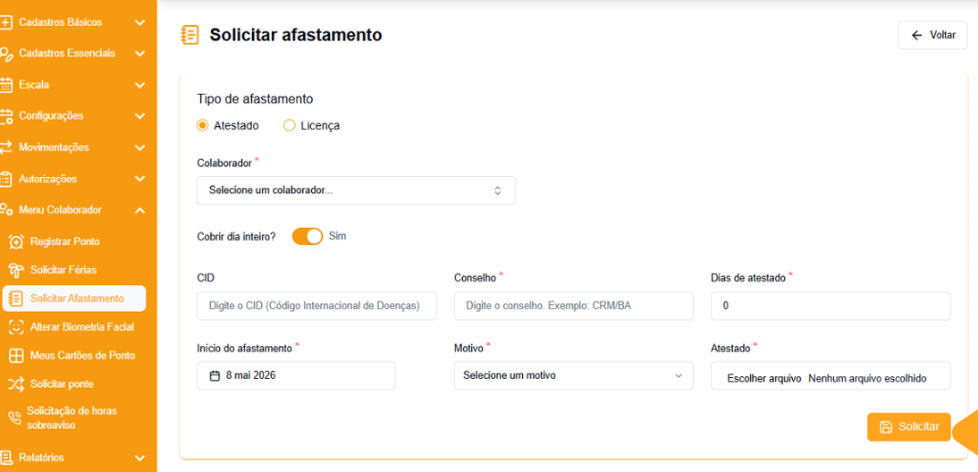 Botão Solicitar para finalizar o afastamento