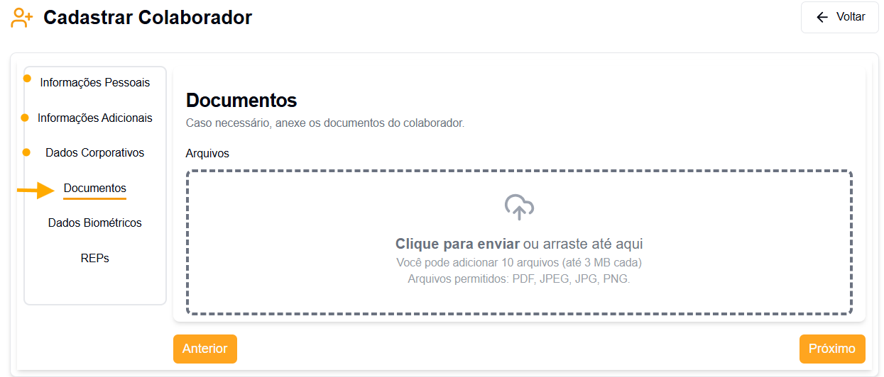 Etapa Documentos no formulário de cadastro do colaborador