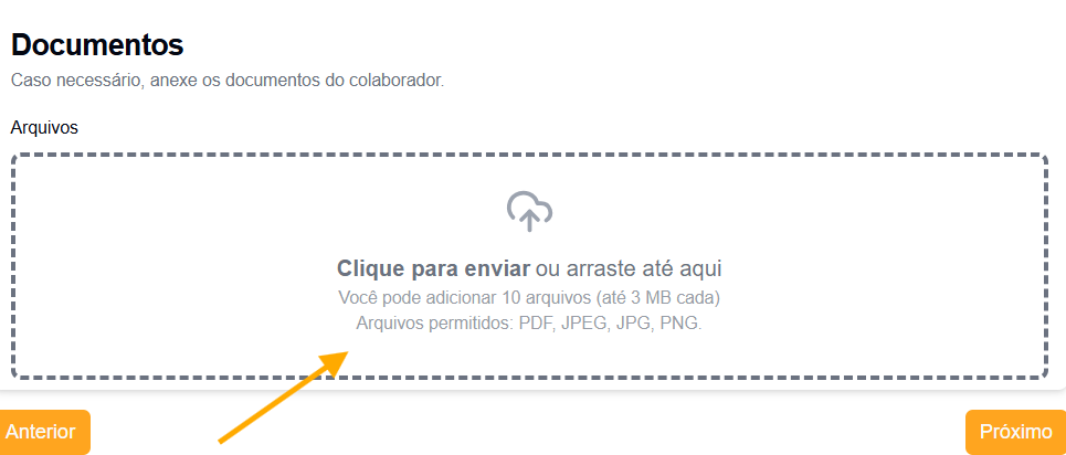 Área de upload de arquivos na etapa Documentos