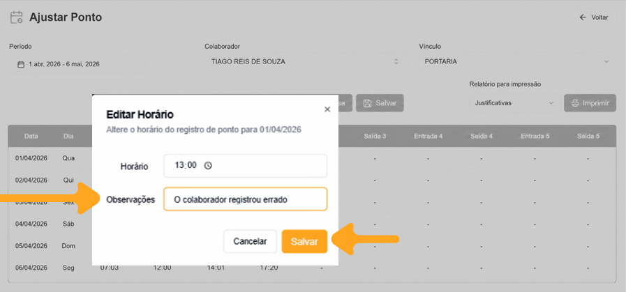 Edição do horário de uma marcação