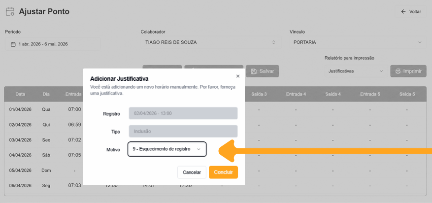 Caixa de justificativa para a inclusão do registro