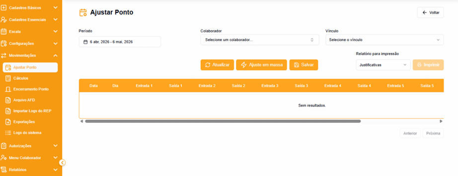Menu Movimentações com a opção Ajuste de Ponto