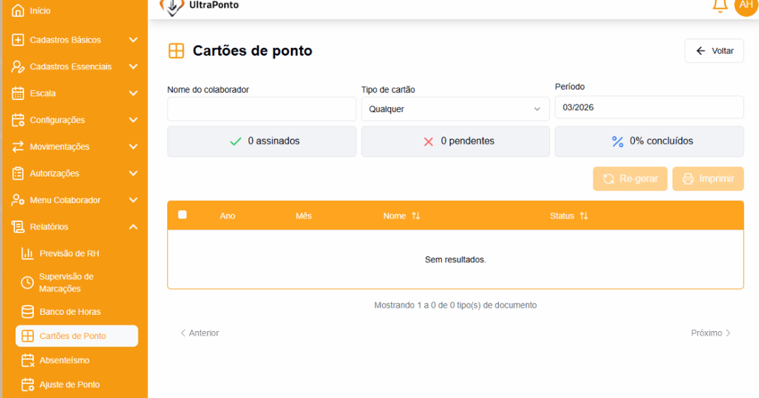 Menu Relatórios com a opção Cartão de Ponto