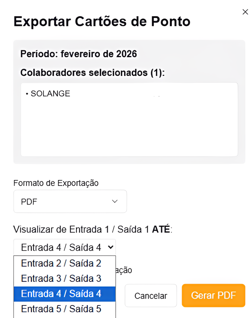 Botão Gerar PDF do cartão de ponto