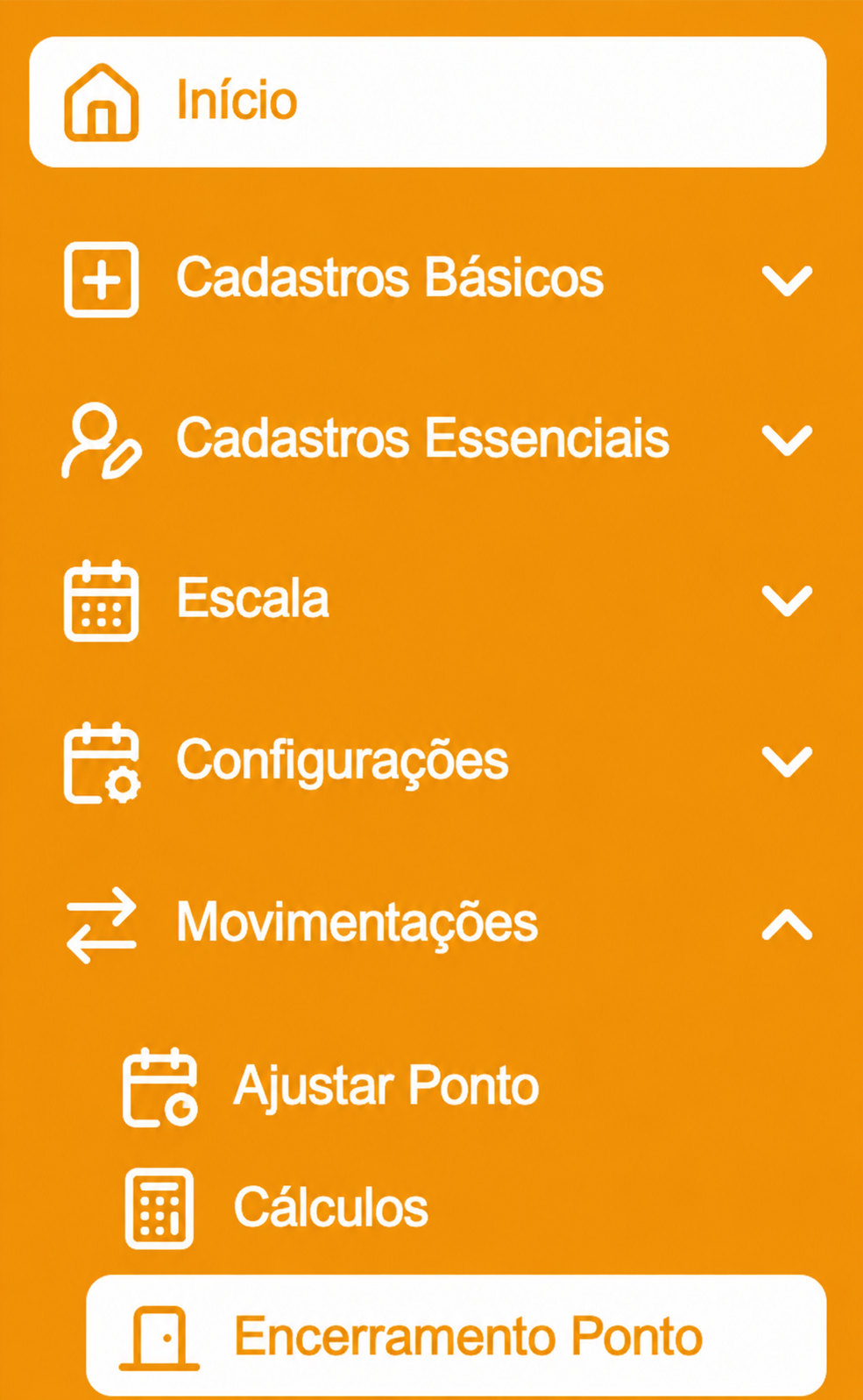 Menu Movimentações com a opção Encerramento de Ponto