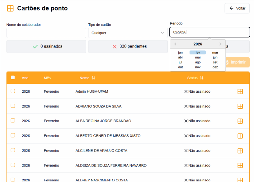 Seleção do período do cartão de ponto