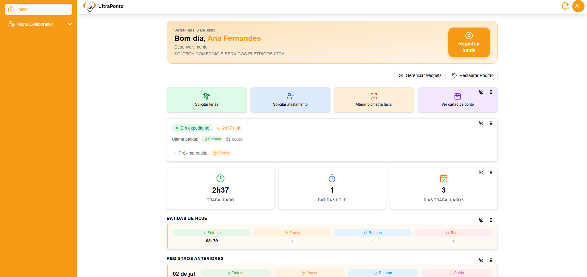 Painel principal do UltraPonto para um funcionário
