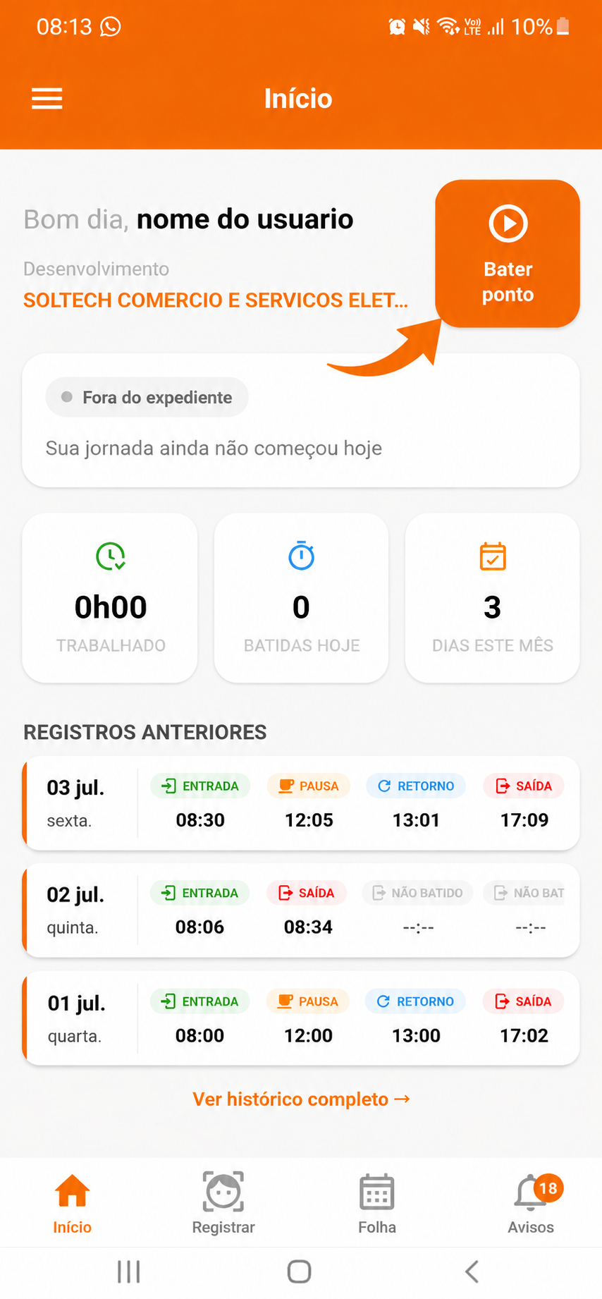 Botão de bater ponto na tela inicial do aplicativo