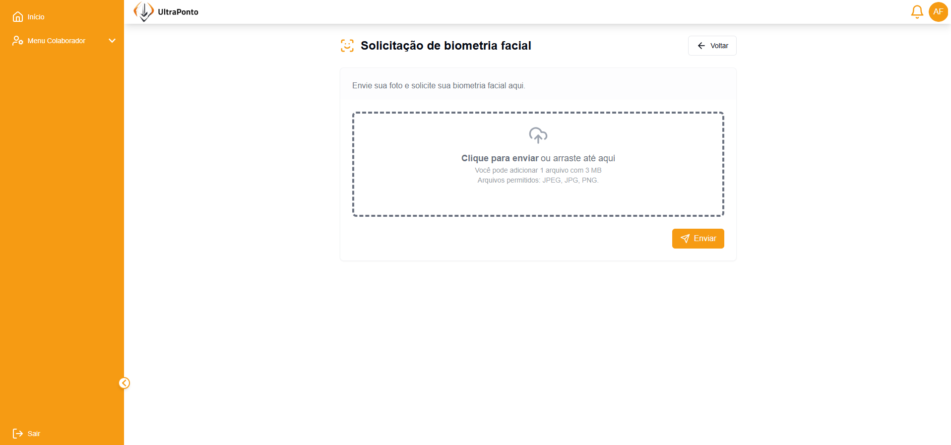 Tela de cadastro de biometria facial com moldura de posicionamento