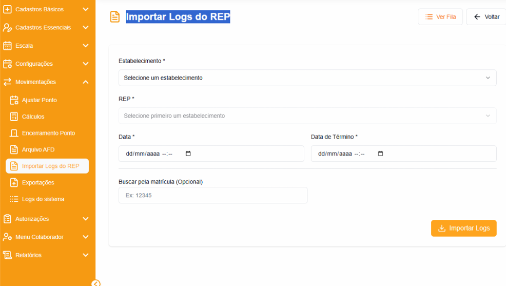 Menu Movimentações com a opção Importar Logs do REP